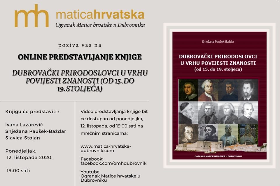 VEČERAS Online predstavljanje novog izdanja Matice hrvatske o dubrovačkim prirodoslovcima