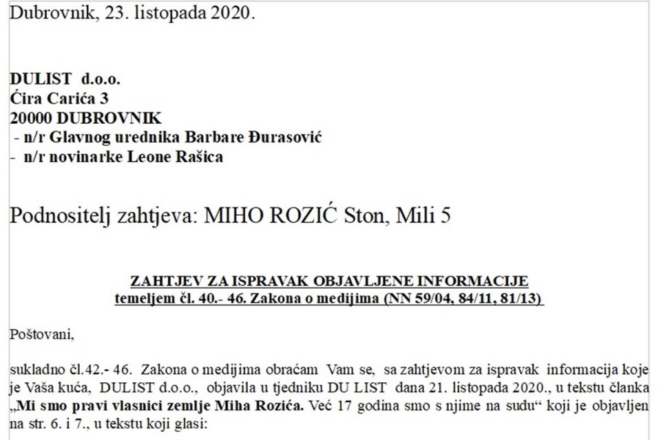 Zahtjev za ispravak informacije Miha Rozića na članak objavljen na portalu dulist.hr 21.10.2020.