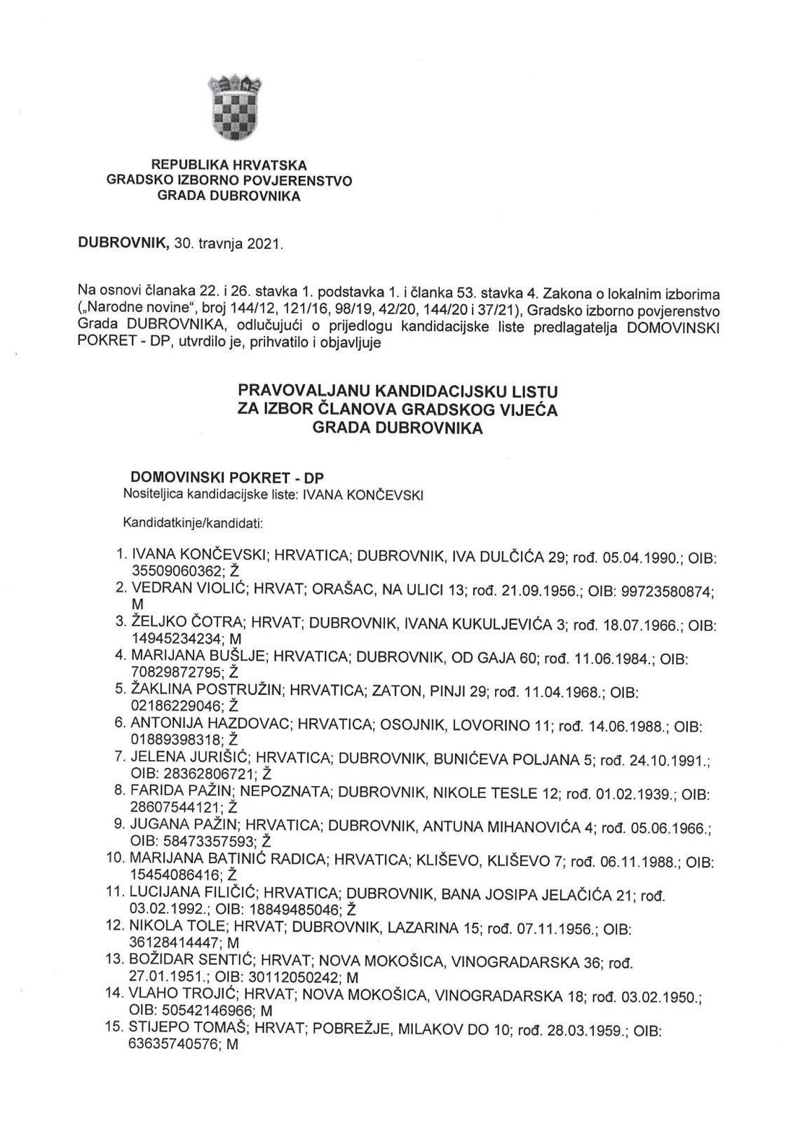 Kandidacijske liste za izbor clanova Gradskog vijeca Grada Dubrovnika page 001