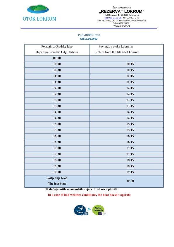 lokrum plovidbeni red lipanj 2022