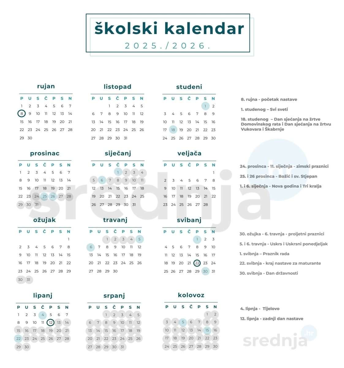 Objavljen školski kalendar s praznicima za 2025. i 2026. 1 final skolski kalendar 2025 26