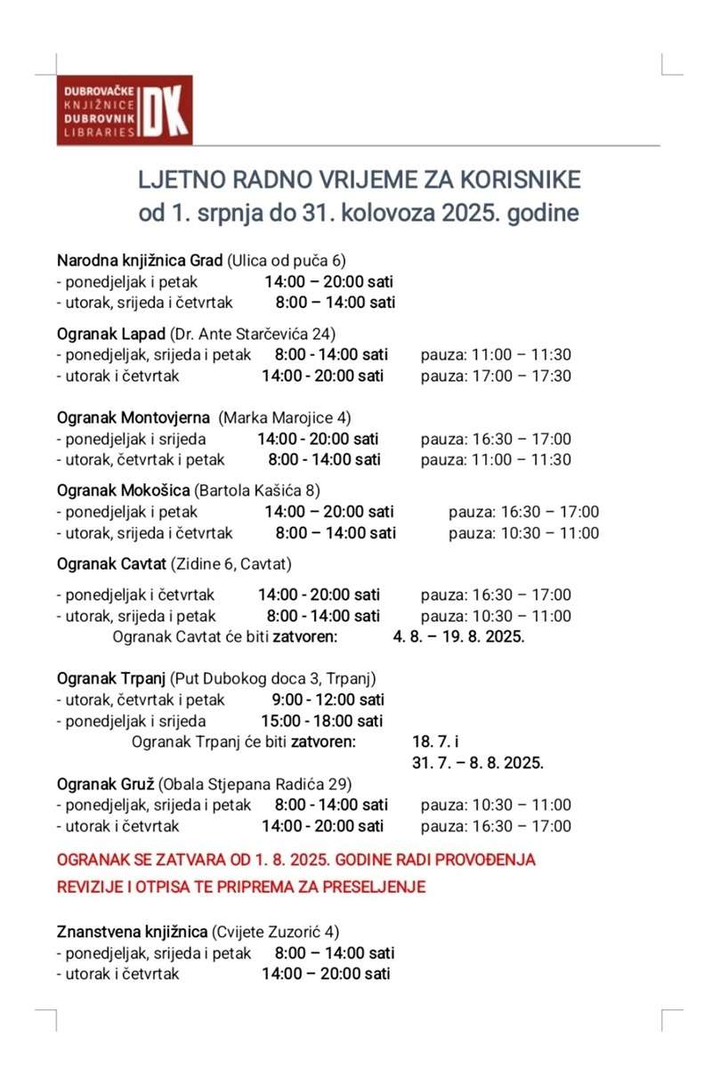 ljetno radno vrijeme dubrovacke knjiznice