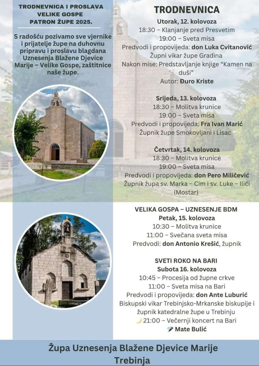 zupa uznesenja blazene djevice marije trebinja program velika gospa