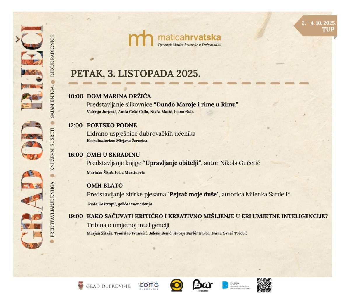 Festival 'Grad od riječi' ponovno u Dubrovniku: Književna i kulturna proslava 70 godina časopisa Dubrovnik 2 program matica hrvatska grad od rijeci 1