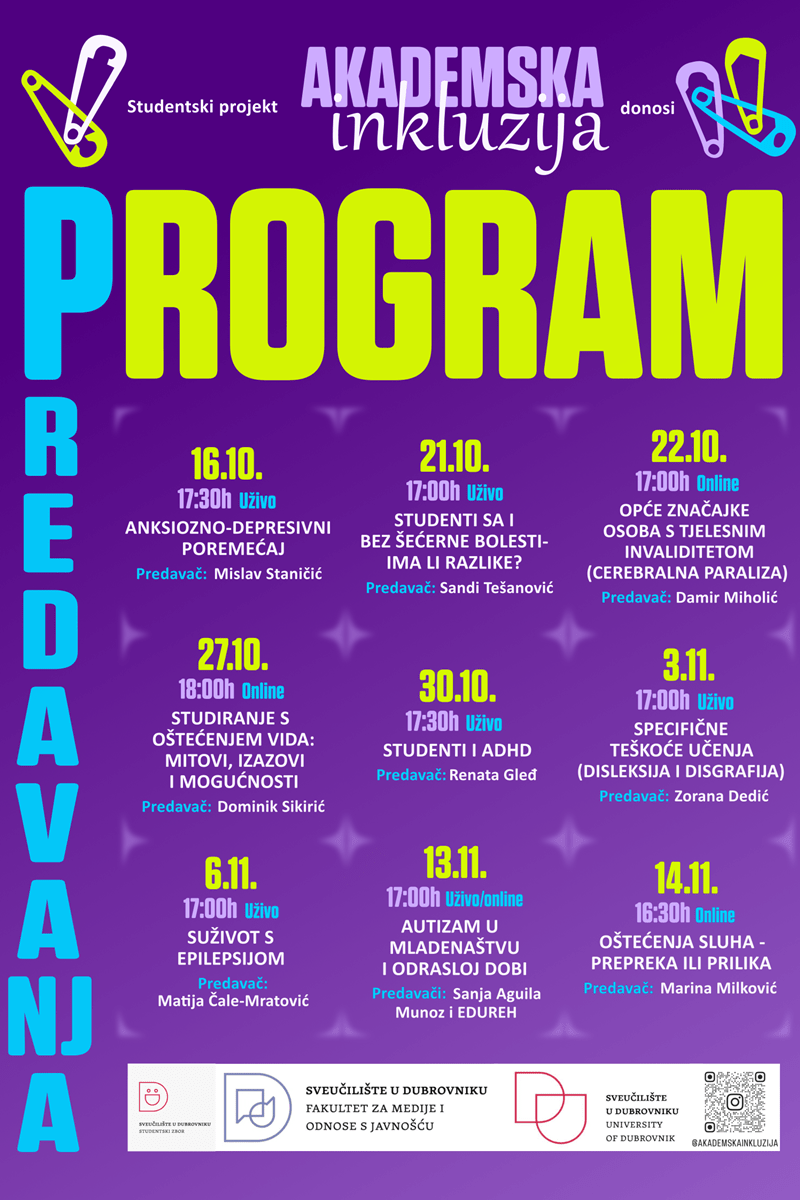 Dubrovački studenti pokreću ciklus predavanja o mentalnom zdravlju i inkluziji 1 Program predavanja akademska inkluzija plakat