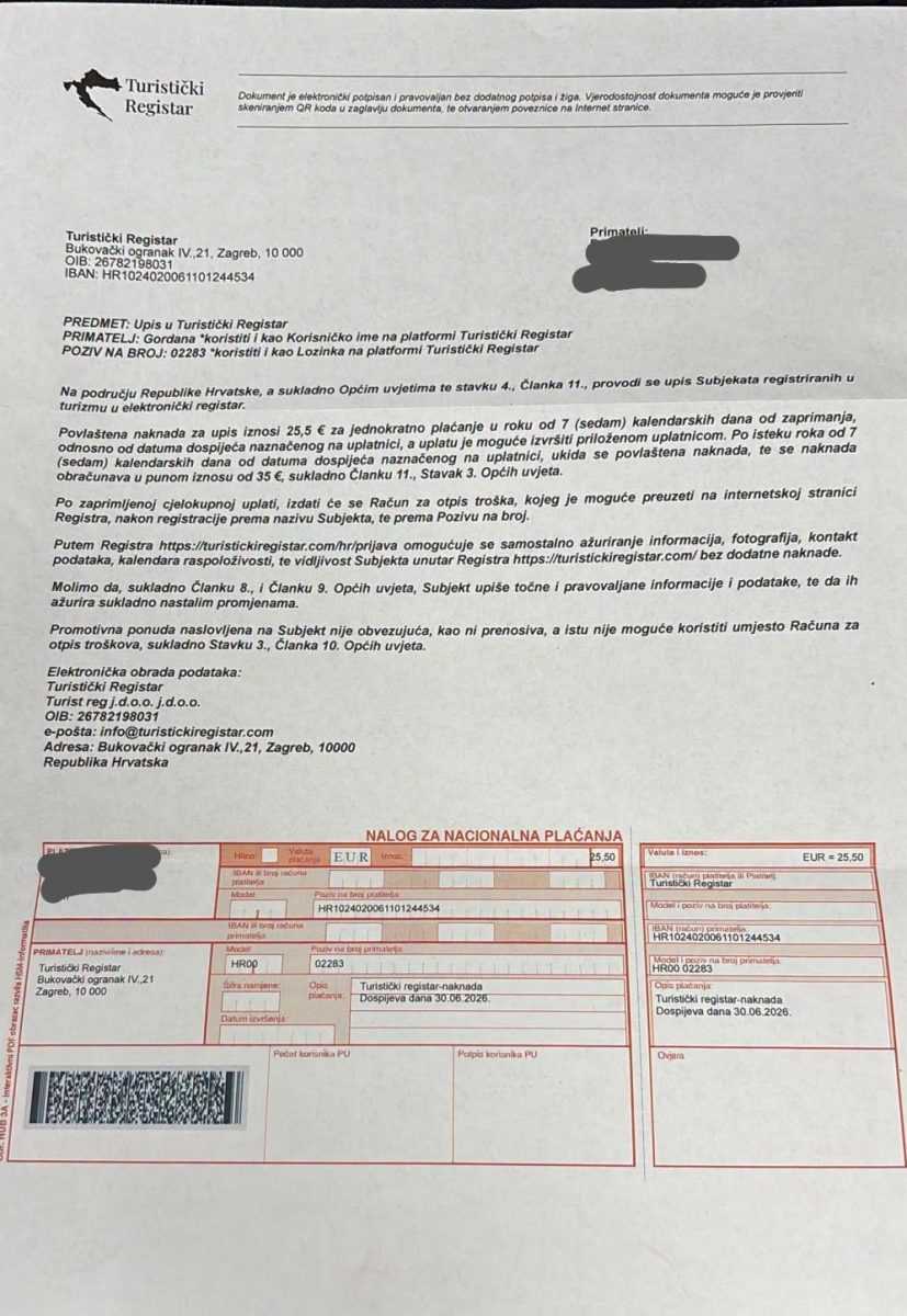 MINISTARSTVO UPOZORAVA Iznajmljivačima stižu uplatnice za “Turistički registar”, upis nije obvezan 1 turisticki registar 1